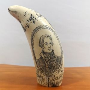 H.M.S. Victory Horatio Nelson Scrimshaw Replica Whale Tooth, Collectors